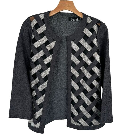 Berek Womens Black Gray crinkle Textured Open Front jacket Size Small - Picture 1 of 7